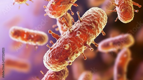 A group of bacteria floating in a liquid medium with a blurred background.