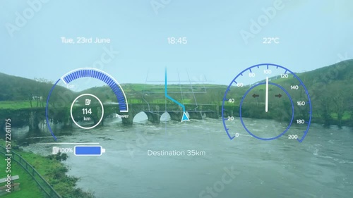Initiating charging showing battery and gauge filling and simulating speed and map arrow advancing