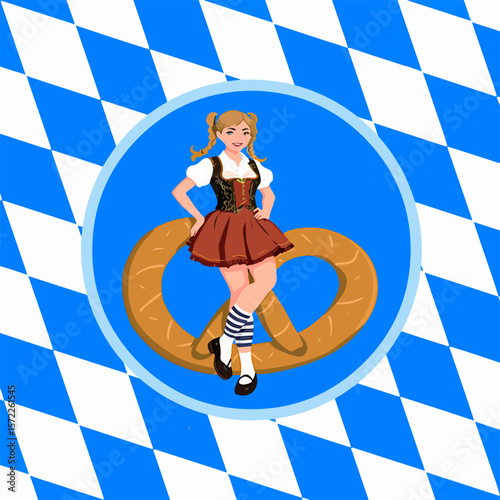 From the series "oktoberfest", girl with Bavarian dirndl  and pretzel on the background of traditional bavarian pattern with blue and white dimonds
