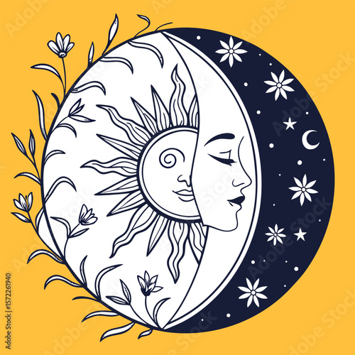 Sun and Moon faces with floral elements on yellow background