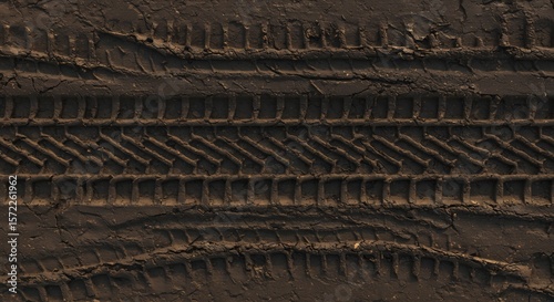 Topdown view of distinct tire tracks imprinted deeply into wet dark brown mud with cracks