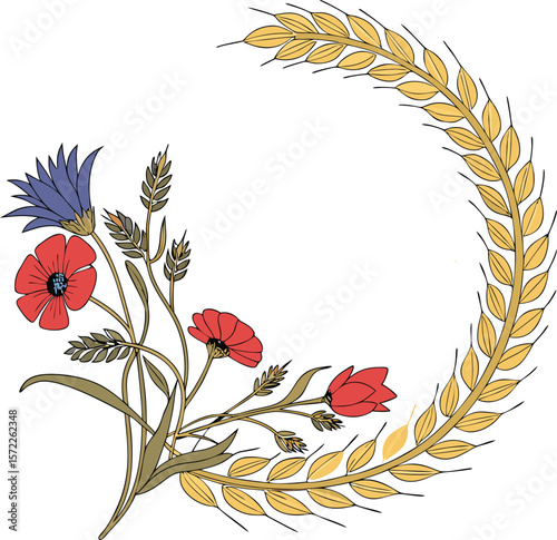 Wheat wreath with red poppies and blue cornflowers