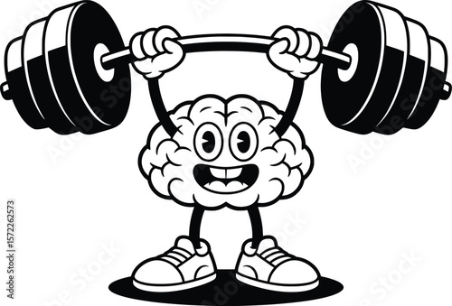 Strong Brain Cartoon with Barbell,  Mental Fitness Illustration.

