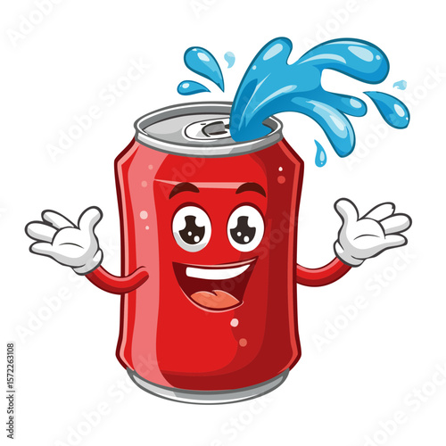 Smiling Cartoon Soda Can Splashing with Excitement and Cheerful Expression
