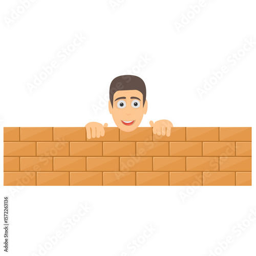 Man peering out from behind a wall. Human head view, vector illustration