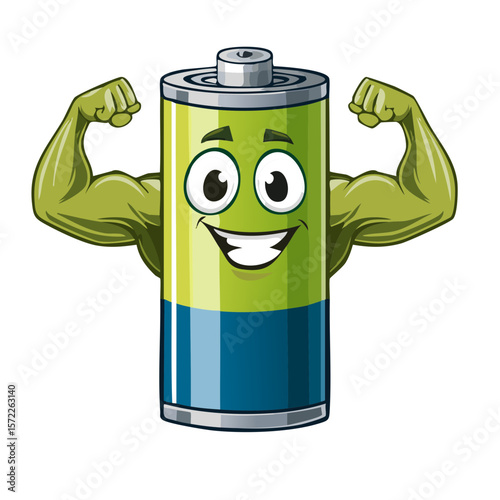Smiling Cartoon Battery Character Flexing Muscular Arms Showing Full Energy and Power