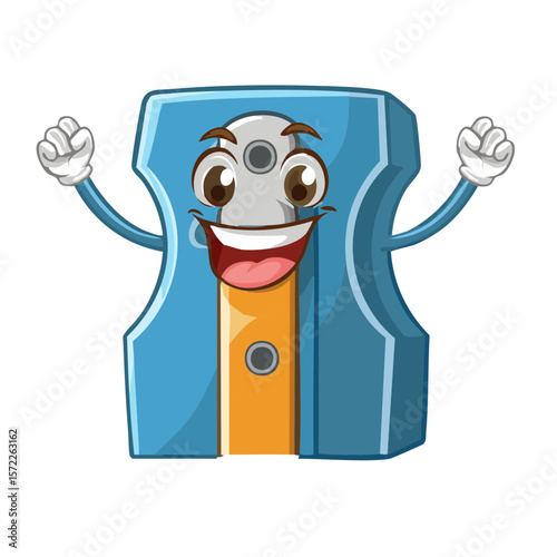 Cheerful Cartoon Pencil Sharpener Character Smiling and Raising Hands in Excitement