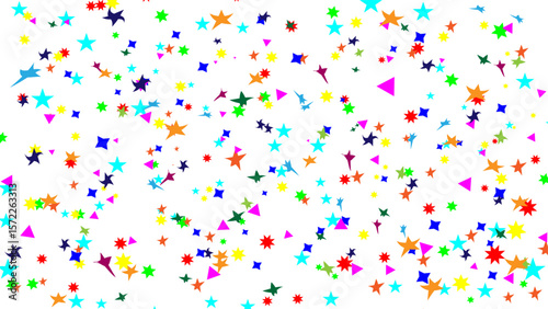 Colorful stars confetti on transparent background. Amazing colorful star confetti background balloon down for celebration. Vector illustration of festive decoration.