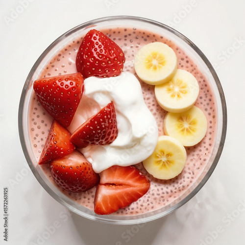 Strawberry Chia Pudding with Banana Slices View From Above