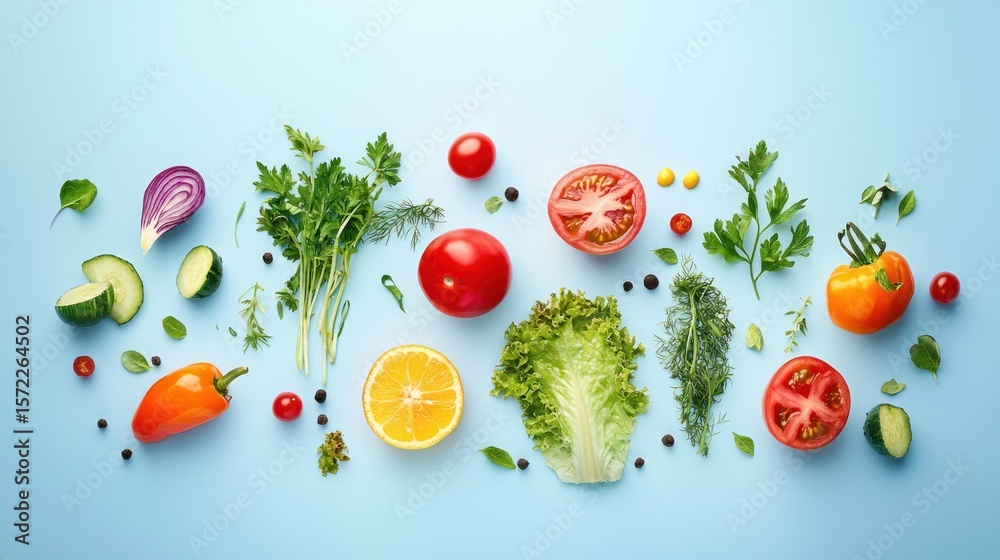 custom made wallpaper toronto digitalA colorful arrangement of fresh vegetables and herbs on a blue background.