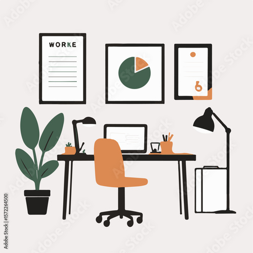 Modern workspace with minimalist aesthetic in a contemporary setting. Empty workstation with a potted plant and orange chair, showcasing a productive and organized environment.