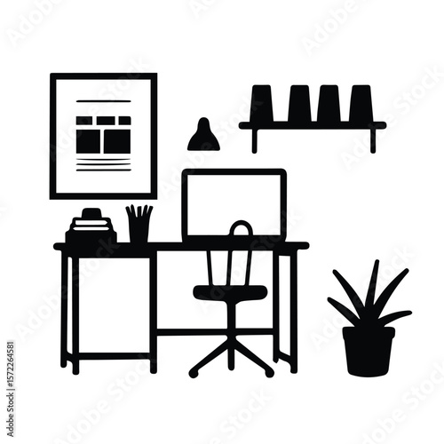Empty workspace interior with minimalist design. A simple office setup with a computer, desk, chair, and plant. General office worker with no specific location.