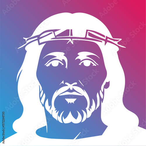 Jesus Christ portrait with crown of thorns in vibrant gradient colors. Silhouette of Jesus face with a contemplative expression, set against a colorful background.