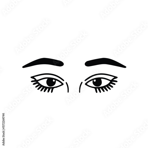 Female eyes with simple design in neutral background. Close-up view of eyes with stylized lashes and eyebrows.