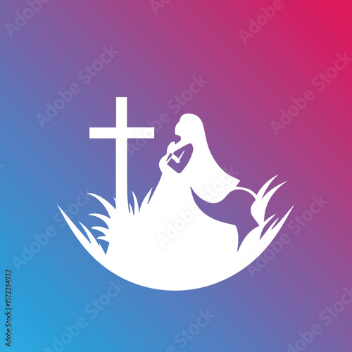 Female figure in prayerful pose at a graveside cross in a symbolic religious illustration. Silhouette of a woman in prayer at a cross, with grass and a gradient background.