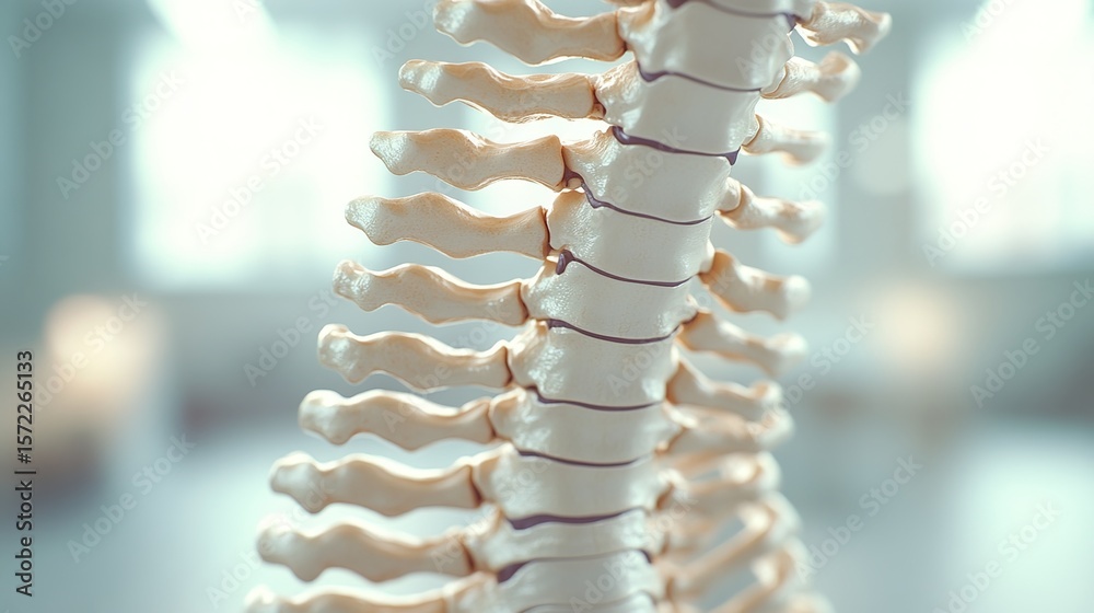 Fototapeta premium Human spine model with damaged vertebrae, close-up view of injury area for medical education and healthcare concepts, anatomical study of vertebral column and spinal disorders. 