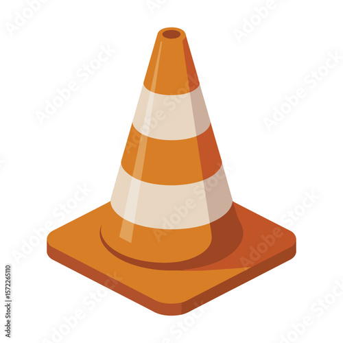 Orange and white traffic cone isolated on a white background with a subtle shadow