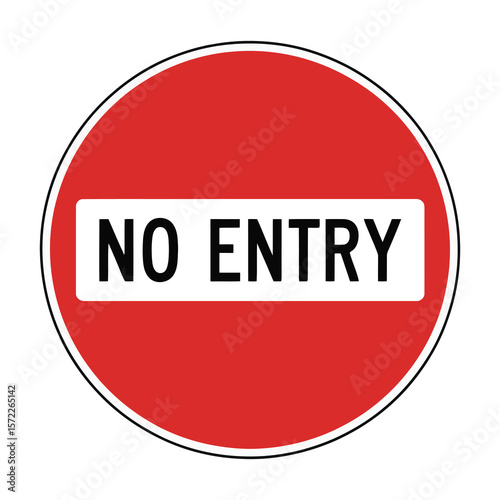 Red circular traffic sign with white horizontal bar and black text no entry
