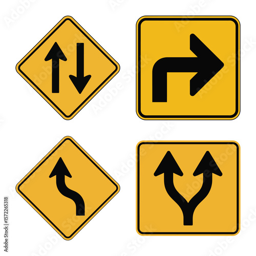 Collection of four yellow road signs with black arrows indicating direction