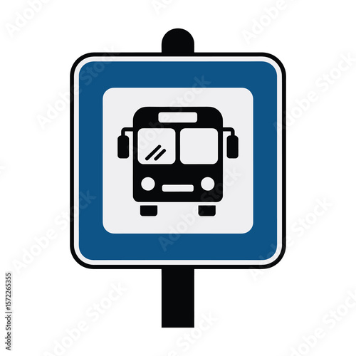 Simple black and white bus icon on a blue and white road sign