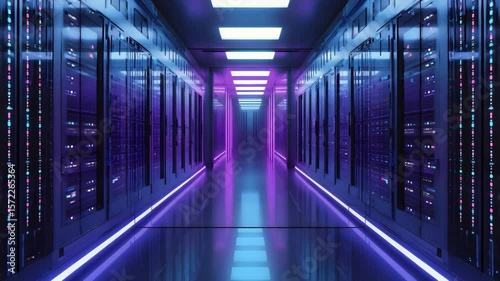 Illuminated server room corridor with blue and purple neon lights and reflective floor. Futuristic ai interface with data. Digital dashboard in virtual space. Ai hologram in modern office