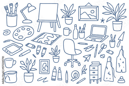Creative workspace doodle illustration with artistic tools and elements for design and art projects