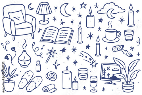 Hand drawn hygge elements collection with cozy home atmosphere for relaxing indoors