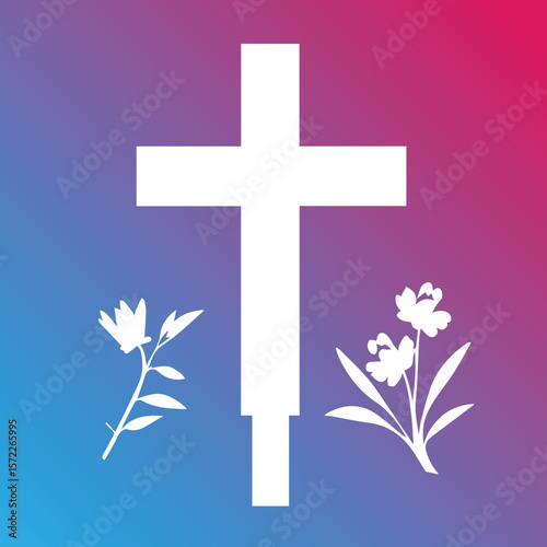 Simple white cross with flowers in silhouette on a gradient background. Symbol of faith and remembrance with floral accents in a spiritual, peaceful setting.