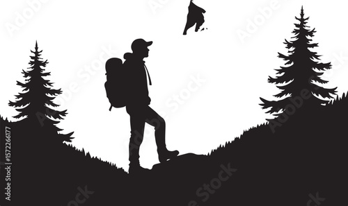 Silhouette Illustration of a Hiker Standing on a Forested Hill Looking Toward a Sharp Mountain Peak  
