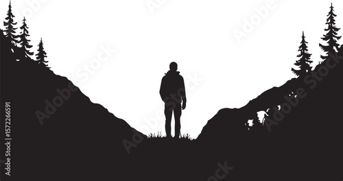 Silhouette Illustration of a Hiker Standing on a Forested Hill Looking Toward a Sharp Mountain Peak  
