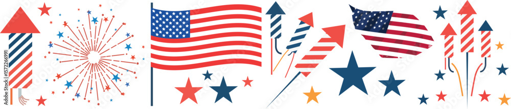 Obraz premium Festive american independence day celebration with colorful fireworks stars and waving flags in red white and blue