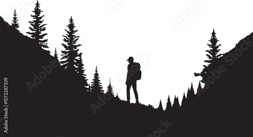 Silhouette Illustration of a Hiker with a Walking Stick Surrounded by Trees and a Circular Sky Backdrop  
