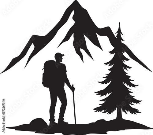 Silhouette Illustration of a Hiker with a Walking Stick Surrounded by Trees and a Circular Sky Backdrop  
