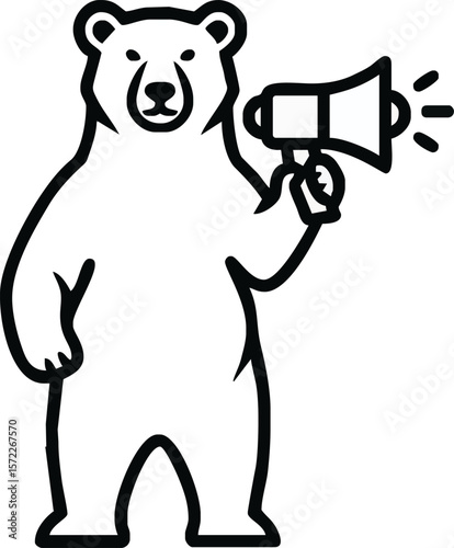 A stylized bear holding a megaphone, likely delivering a message or announcement.