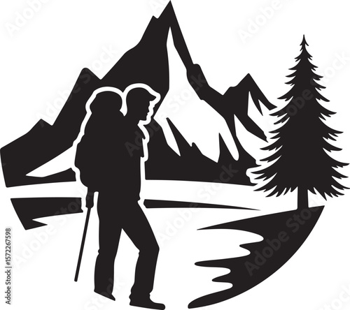 Silhouette Illustration of a Hiker with a Walking Stick Surrounded by Trees and a Circular Sky Backdrop  
