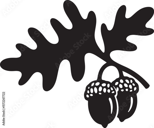 Black and White Silhouette Illustration of an Oak Branch with Two Prominent Acorns and Lobed Leaves  
