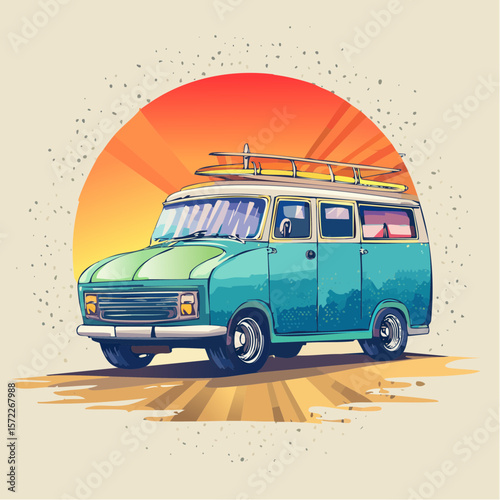 chromatic lens-flare surf van monogram with metallic gradient and vibrant reflective effects
