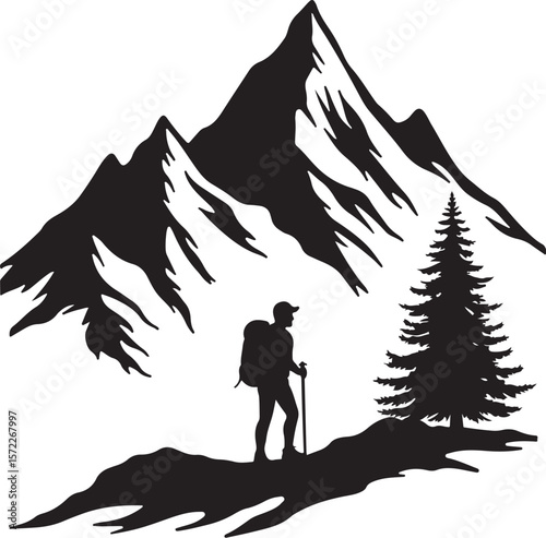 Silhouette Illustration of a Hiker with a Walking Stick Surrounded by Trees and a Circular Sky Backdrop  
