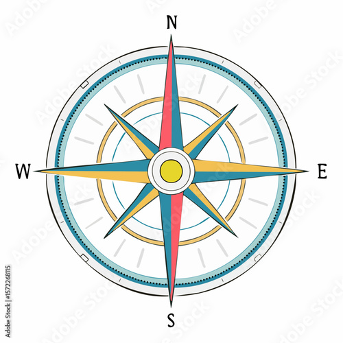 line-icon compass rose with iso-compliant stroke weights and color-coded quadrants in vector format