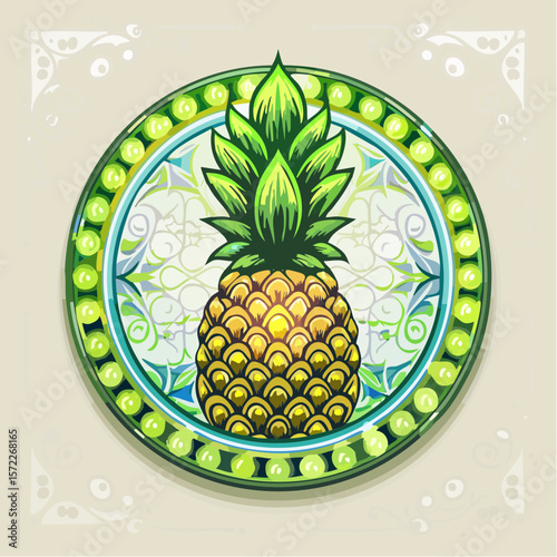ornament badge with neon pineapple and glossy lime wheel in uniform stroke style