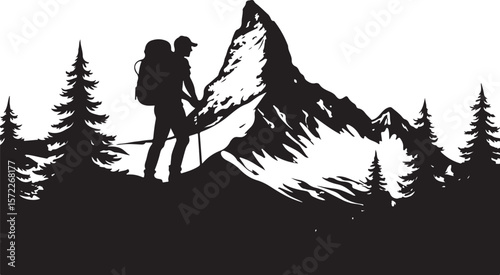 Silhouette Illustration of a Hiker with a Walking Stick Surrounded by Trees and a Circular Sky Backdrop  
