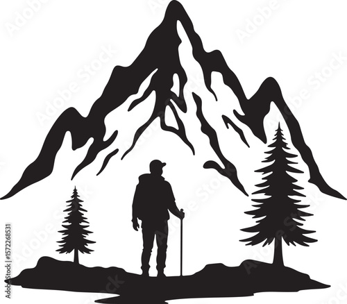 Silhouette Illustration of a Hiker with a Walking Stick Surrounded by Trees and a Circular Sky Backdrop  
