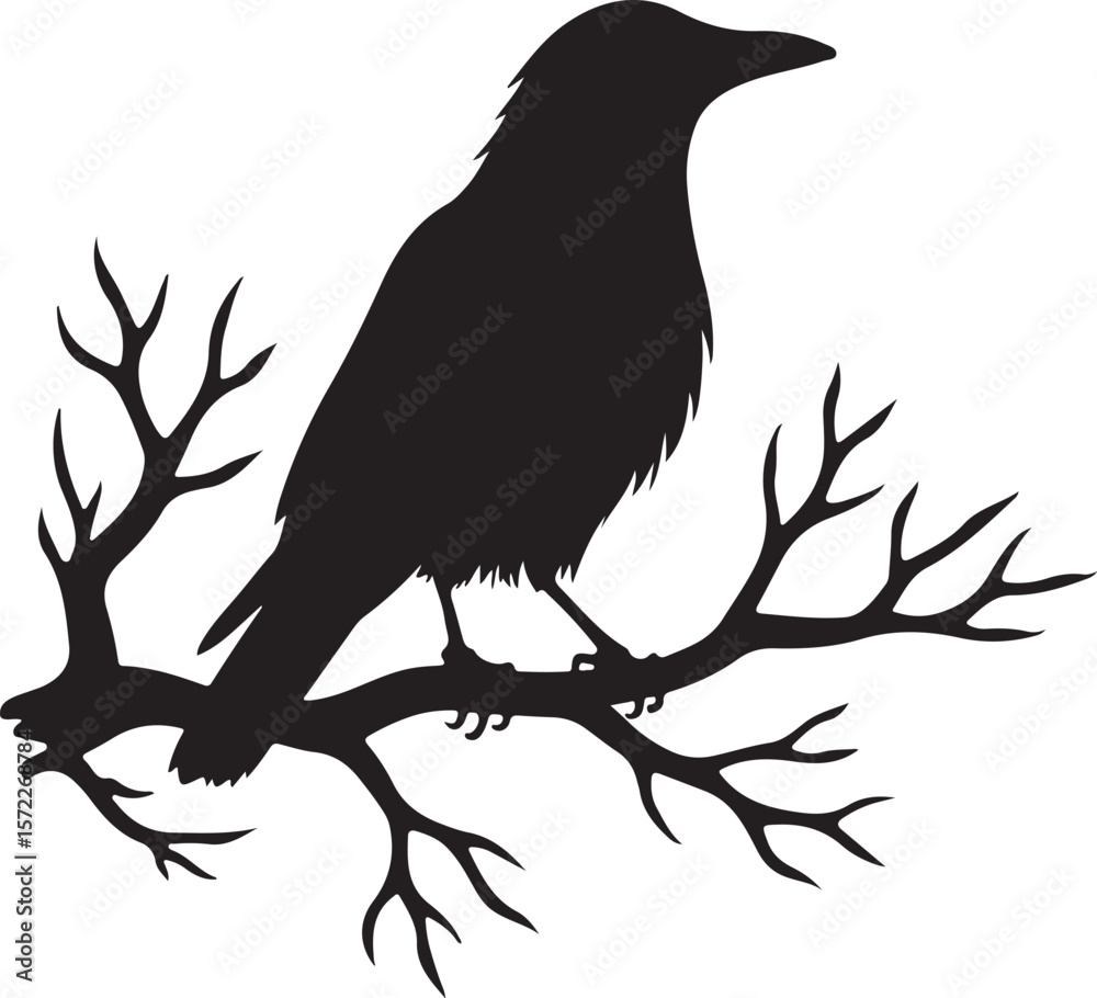Obraz premium Silhouette of a Raven Perched on a Bare Tree Branch in a Dramatic Black and White Composition 