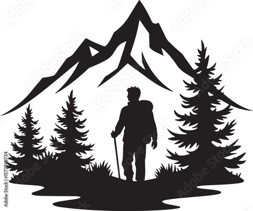 Silhouette Illustration of a Hiker with a Walking Stick Surrounded by Trees and a Circular Sky Backdrop  
