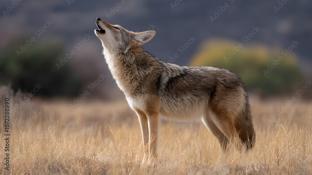 Obraz premium Coyote's Serenade: A majestic coyote lifts its head in a resonant howl, its silhouette outlined against the soft, natural light of a wide open space.