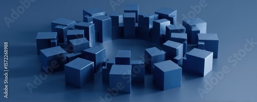 A circular arrangement of blue cubes and rectangular prisms on a blue gradient surface casting shadows
