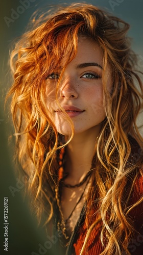 Captivating Portrait of Young Woman with Flowing Golden Hair