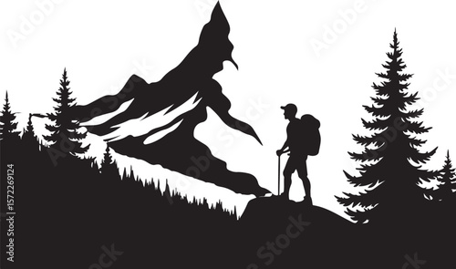 Silhouette Illustration of a Hiker with a Walking Stick Surrounded by Trees and a Circular Sky Backdrop  
