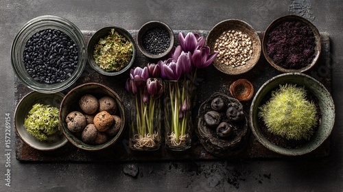 Beautiful Arrangement of Natural Elements Featuring Seeds and Flowers