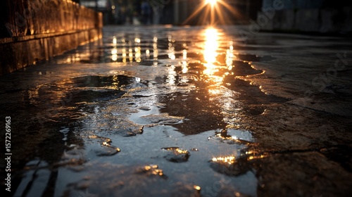 Reflective Water Puddles on Urban Street at Sunset with Glimmer